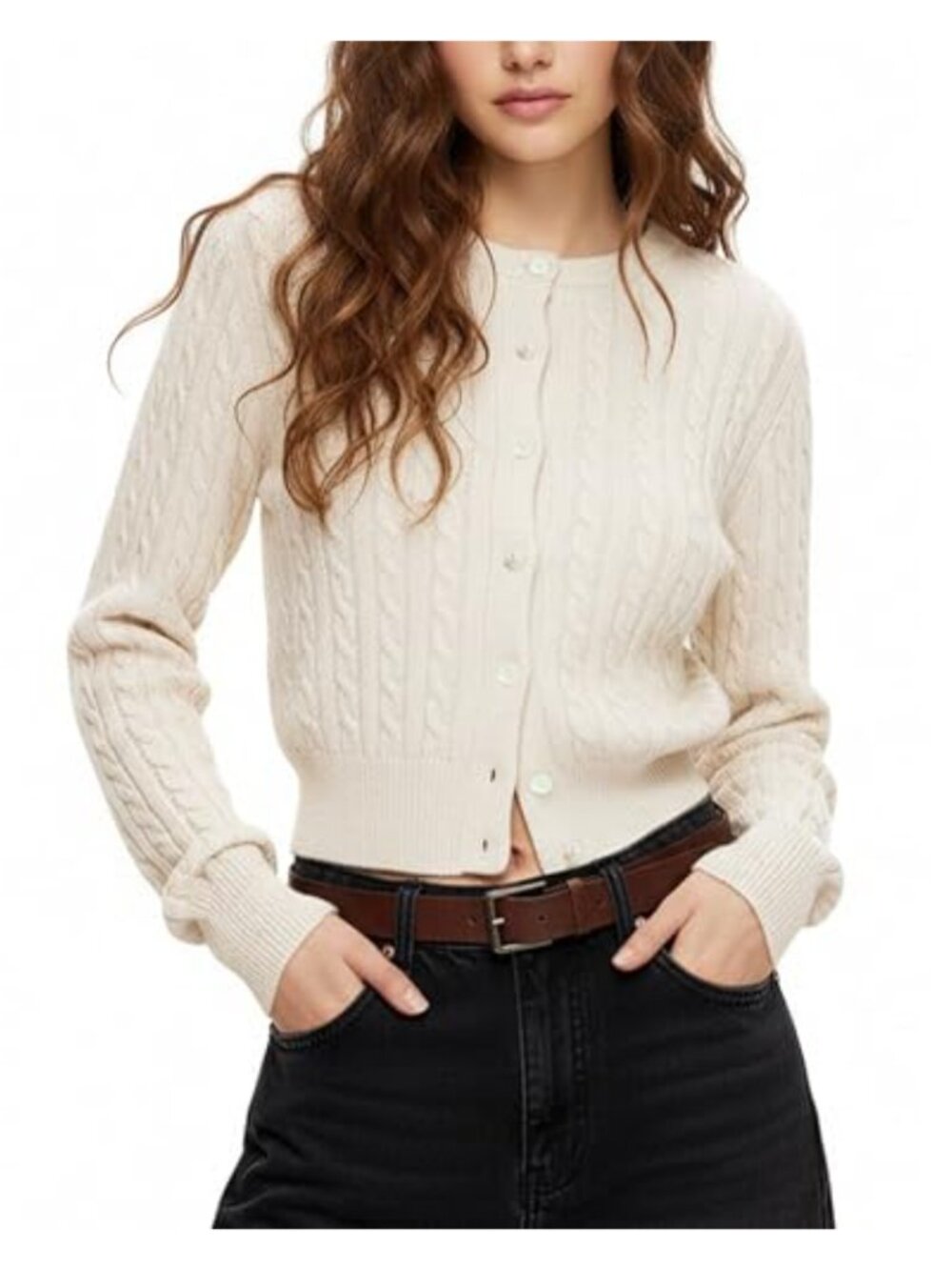 Women Cropped Cardigan Button Up Long Sleeve Cable Knit Sweater